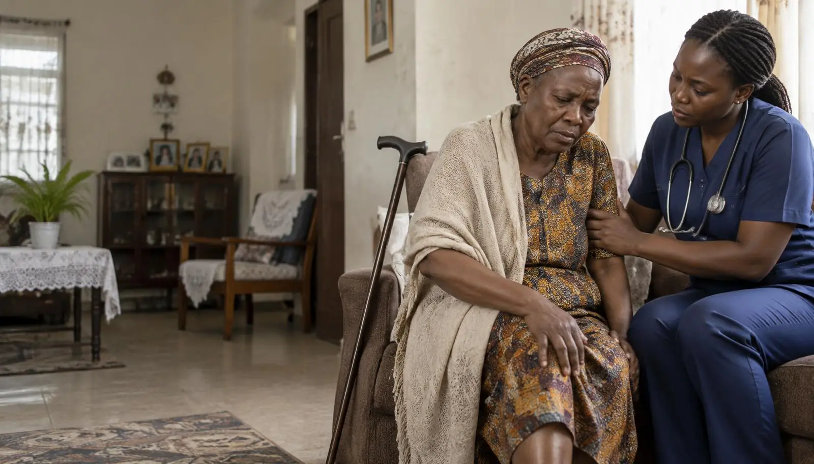 An older Nigerian woman in discomfort resting her hand on her knee while a concerned caregiver supports her