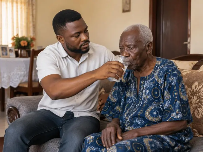 A family caregiver gently helping an older Nigerian man drink water at home