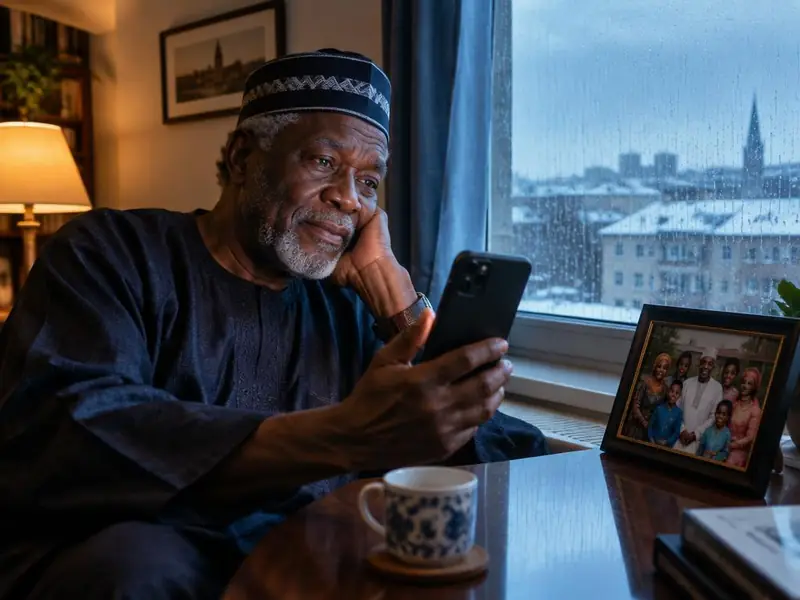 An older Nigerian man abroad on a video call by a rainy window, a family photo beside him