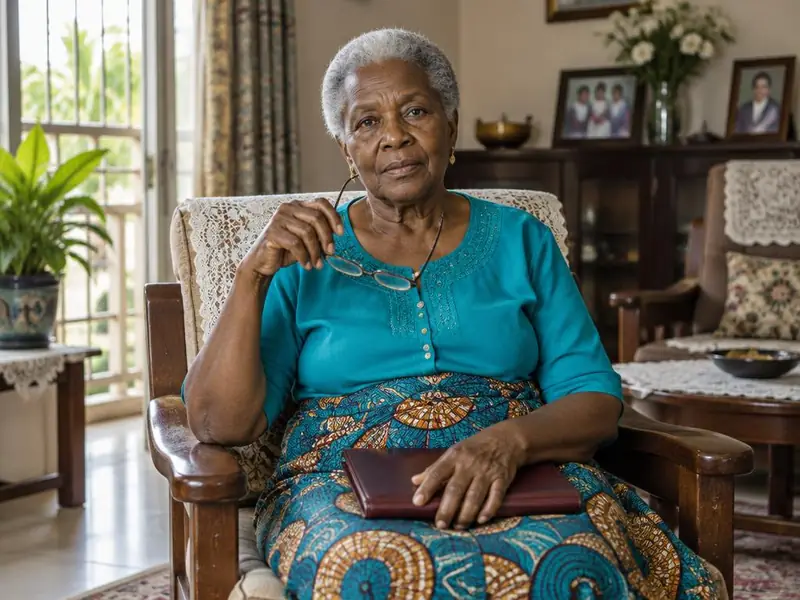 An older Nigerian woman seated at home holding her spectacles and a personal document folder