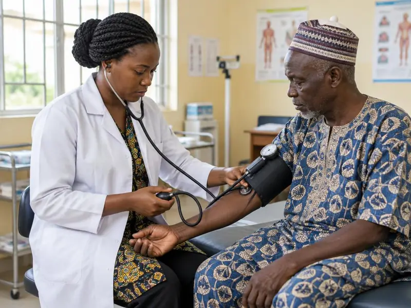 A Nigerian health professional checking an older man's blood pressure